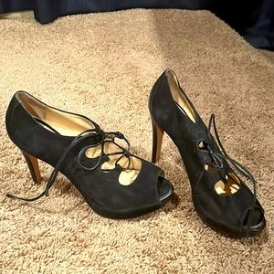Lace up black suede heels